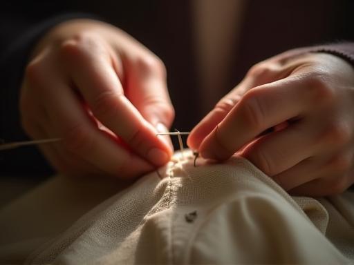 Hands performing detailed hand stitching