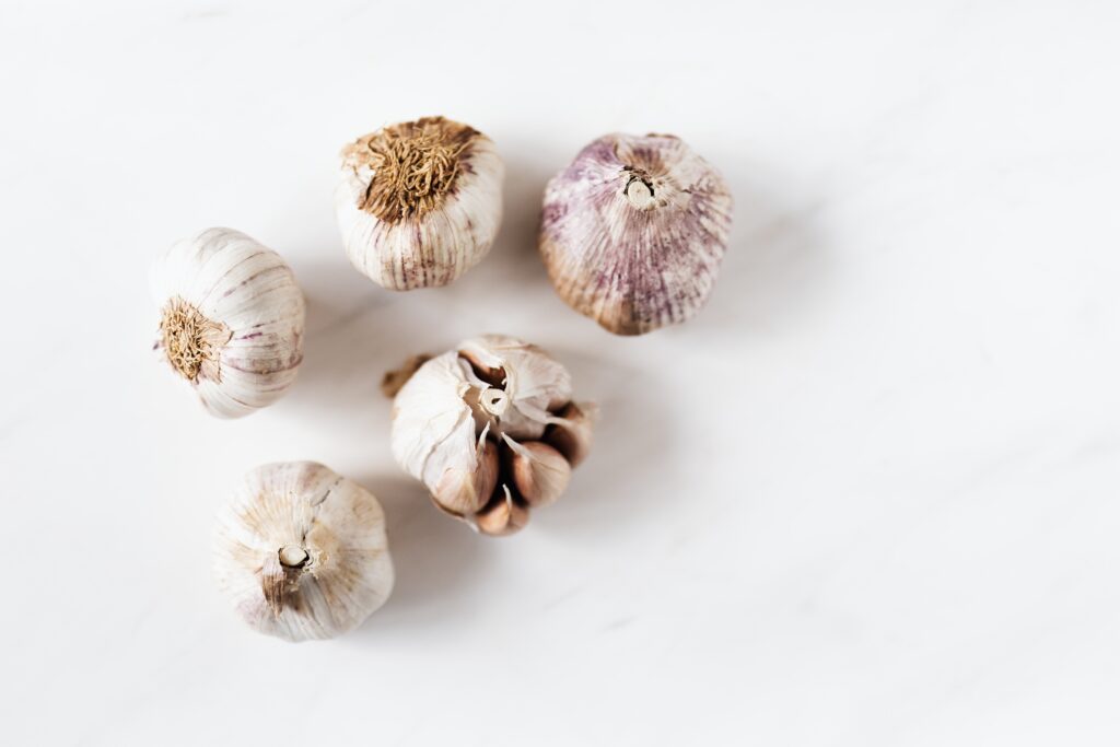 Harvested garlic bulbs, featuring four intact heads and one separated head, revealing individual garlic cloves.