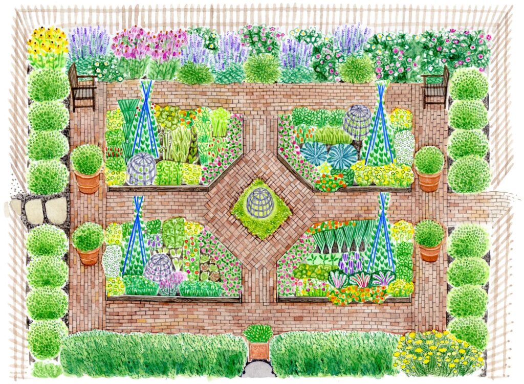 A hand-drawn illustration of a charming fenced garden featuring plants, flowers, and obelisks.